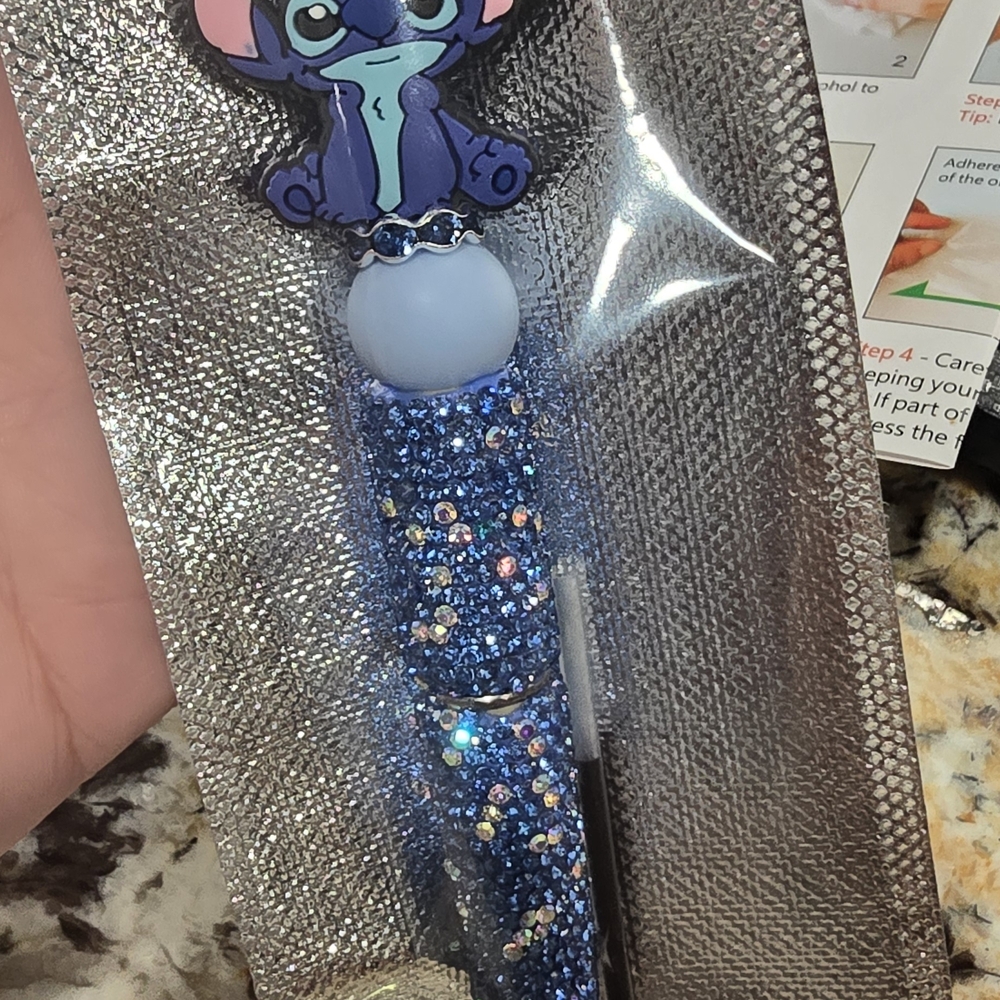Blue Glitter Character Pen with Bead Charm